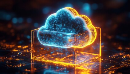 Poster - Digital Cloud Concept Rendered in Neon Colors with Bright Glowing Effects, Representing Modern Technology and Data Storage in a Futuristic Environment