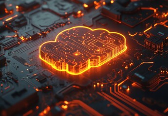 Poster - Digital Cloud Network Concept with Neon Glow and Circuit Board Design, Representing Modern Technology and Data Processing in a High-Tech Environment