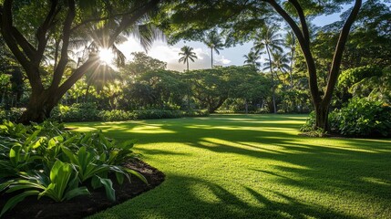 Wall Mural - 42.A serene scene in Kapiolani Park with sunlight streaming through the canopy, illuminating the dense, vibrant greenery. The lush landscape includes a variety of tropical plants, and the sunâ€™s rays