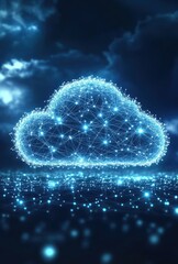 Poster - Digital Cloud Technology Visualization with Bright Connecting Nodes and LED Lights Against a Dark Background Highlighting Future Network and Data Concepts
