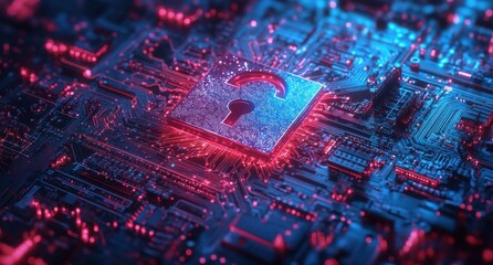 Poster - Digital Lock Concept on Circuit Board Background Representing Cybersecurity and Data Protection in a Modern Technological Environment with Neon Lights