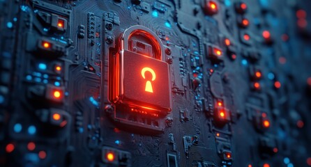 Poster - Digital Security Concept Featuring a Glowing Red Lock Positioned on a Circuit Board with Complex Technology Elements and LED Lights Illuminating the Background
