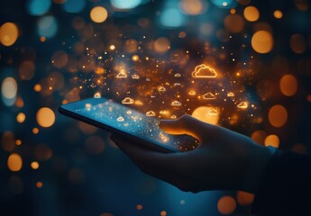Poster - Digital Transformation: A Hand Holding a Smartphone Surrounded by Ethereal Clouds and Light Particles Against a Dreamy Background of Bokeh Lights
