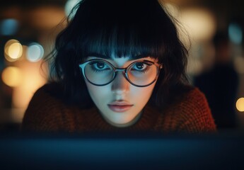 Aufkleber - Engaged Young Woman with Glasses Concentrating on a Computer Screen in a Dimly Lit Environment, Capturing a Moment of Focus in Modern Digital Lifestyle