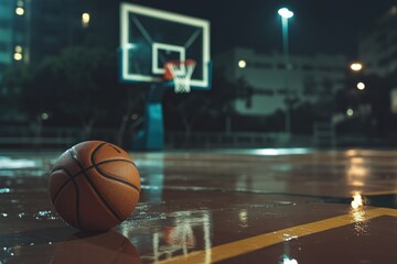 Poster - Wet basketball on outdoor court at night.