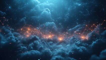 Poster - Ethereal Clouds with Abstract Network Connections Illuminated by Soft Glows Under a Starry Night Sky, Perfect for Digital Art and Backgrounds
