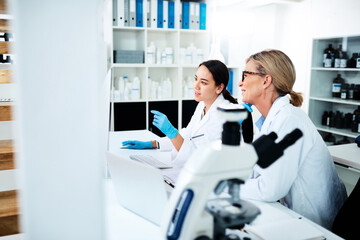 Poster - Medical research, scientist and women in lab, online and colleagues with project, healthcare or teamwork. Computer, collaboration and ideas for cure, planning and vaccine for Oropouche virus or smile