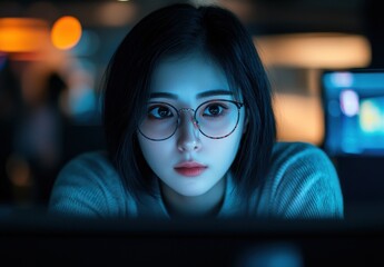 Aufkleber - Focused woman sitting in front of a computer screen in a dimly lit environment, wearing glasses, illustrating concentration and modern workspace aesthetics.