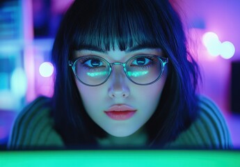 Poster - Focused young woman with glasses gazing at computer screen in a vibrant room illuminated by colorful lights, showcasing creativity and technology in modern life.