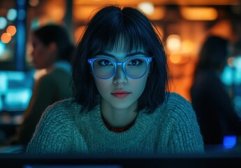 Aufkleber - Focused Young Woman in Sweater with Blue Glasses Working in Modern Tech Environment Surrounded by Blurred Background with Neon Lights