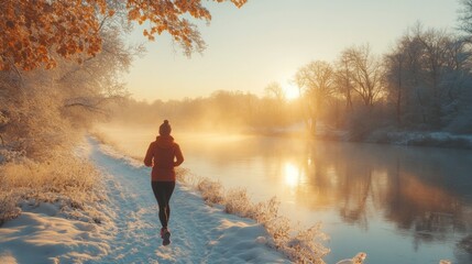 Poster - A person jogs along a snow-covered path by a river, surrounded by trees and mist, with the sun rising in the background, creating a serene winter scene.