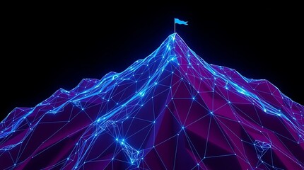 A glowing mountain peak with a flag symbolizes reaching goals and success.
