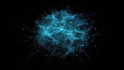 Poster - Abstract blue glowing sphere of connected lines and nodes on black background.