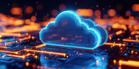 Poster - Futuristic blue cloud symbol with glowing circuits and vibrant orange light illuminating a digital landscape, representing advanced technology and cloud computing concepts