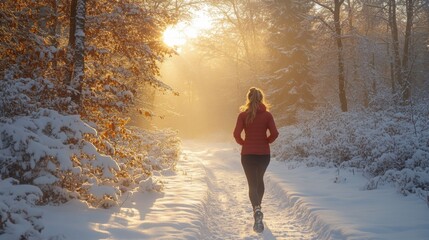 Aufkleber - A woman jogging along a snowy forest path as the sun sets, casting a warm glow through the trees, creating a serene winter atmosphere.