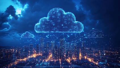 Aufkleber - Futuristic Cityscape with Digital Cloud Technology and Data Connections Representing Urban Technology and Innovation at Night
