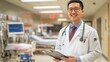 © otter2 - A medium shot of a cheerful healthcare professional in a crisp white coat, holding a clipboard, with medical equipment subtly visible in the background of a clean and modern hospital setting