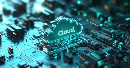 Poster - Futuristic Cloud Computing Concept Represented by Luminous Cloud Symbol on Circuit Board Background with Digital Technology Elements