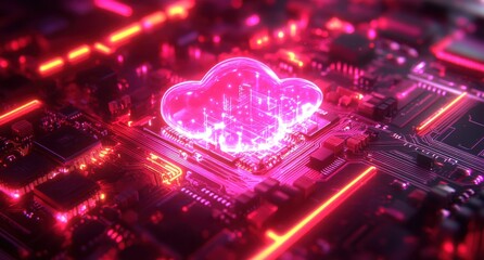 Poster - Futuristic Cloud Computing Concept Represented Through Neon Pink Cloud on Circuit Board with Data Visualization and High-Tech Elements