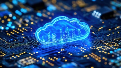 Aufkleber - Futuristic Cloud Computing Concept with Digital Circuitry Background for Technology, Innovation, Networking, and Data Management Illustrations