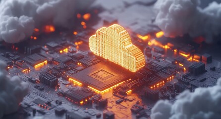 Aufkleber - Futuristic Cloud Computing Concept with Glowing Orange Cloud Structure Surrounded by Circuit Board Elements and Digital Technology Accents in a High-Tech Environment
