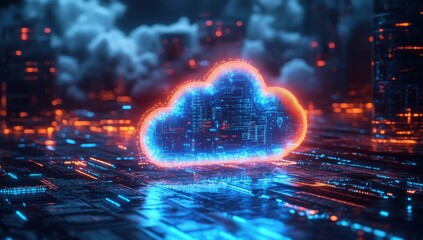 Poster - Futuristic Cloud Computing Concept with Neon Lights and Digital Data Flow in a Cyberpunk Environment Highlighting Innovative Technology and Connectivity