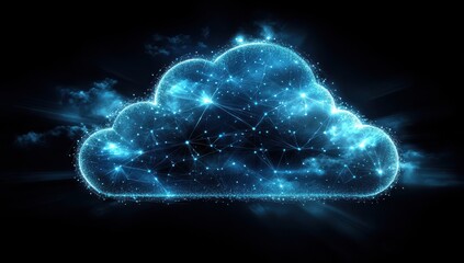 Poster - Futuristic Cloud Computing Technology Concept with Starry Network Connections and Glowing Particles Representing Data Transfer and Digital Innovation in a Dark Background