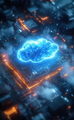 Poster - Futuristic Cloud Technology Surrounded by Circuitry, Illustrating the Integration of Digital Cloud Computing in Modern Data Solutions