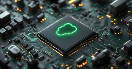 Poster - Futuristic Computer Circuit Board Featuring a Green Cloud Icon with Illuminated Components and Advanced Technology Background for Digital Innovation Concepts
