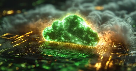 Poster - Futuristic Concept of Cloud Computing with Glowing Green Cloud Symbol over Circuit Board, Representing Digital Technology and Data Storage Innovations