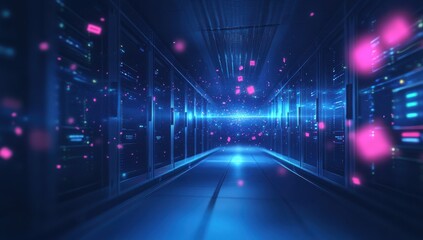 Aufkleber - Futuristic Data Center Corridor with Glowing Particles and Neon Lights Emphasizing High-Tech Environment and Digital Connectivity