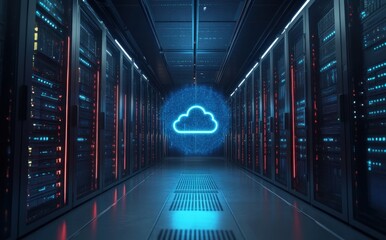 Aufkleber - Futuristic Data Center Interior with Cloud Computing Symbol Representing Digital Storage and Network Infrastructure in Modern Technology Environment