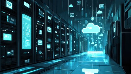 Aufkleber - Futuristic Data Center with Cloud Technology, Neon Lights, and Digital Interfaces, Showcasing Advanced Server Racks and High-Tech Infrastructure