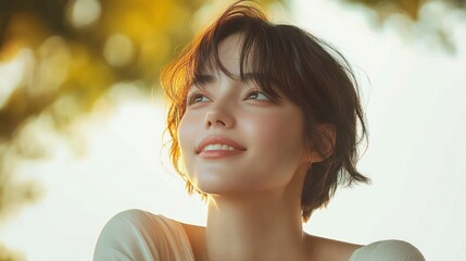 Middle-aged Woman with Short Hair Smiling in a Serene Indoor Environment Natural Beauty Portrait