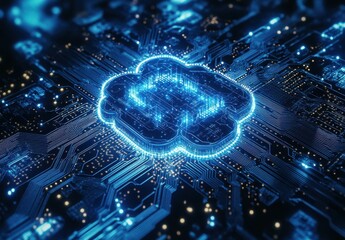 Poster - Futuristic Digital Circuit Board Featuring Glowing Cloud Symbol Representing Cloud Computing and Data Storage Technologies in a High-Tech Environment