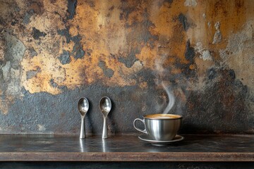 Aufkleber - Steaming coffee cup and spoons on rustic surface.