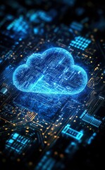 Poster - Futuristic Digital Cloud Computing Concept Over Electronic Circuit Board with Neon Lights and Technology Elements Representing Data Storage and Networking