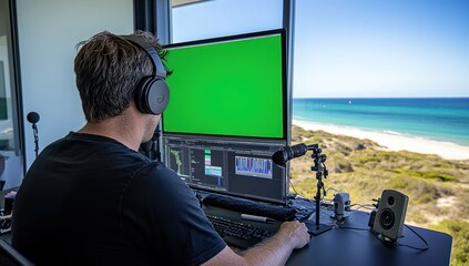 Aufkleber - Man editing video with green screen, ocean view.