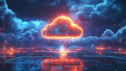 Poster - Futuristic Digital Cloud Concept with Abstract Technology Elements and Glowing Neon Colors for Data Storage and Connectivity Representation