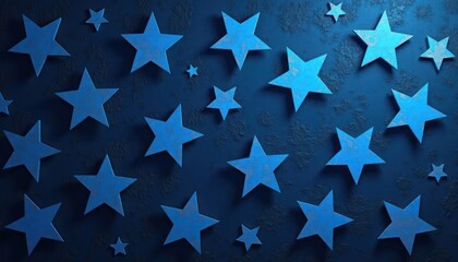 Poster - Abstract design features blue stars on dark textured background. Stars create pattern. Design conveys sense of military festive themes. Image suitable for backgrounds in graphic design projects