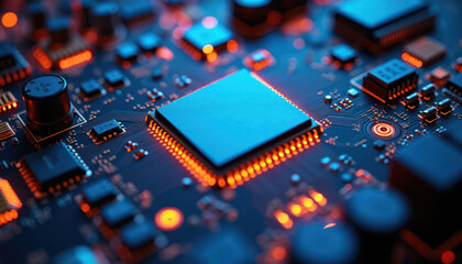  - Detailed close-up view of electronic circuit board. Complex tech components glow with orange, blue light. Modern tech innovation clearly visible. Advanced motherboard technology focus. Macro photo