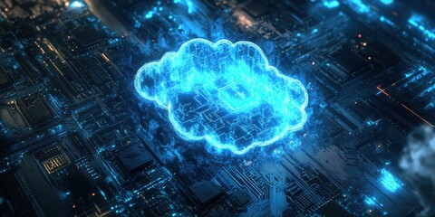 Aufkleber - Futuristic Digital Cloud Over a Complex Circuit Board with Glowing Blue Lights Representing Data Storage and Advanced Technology