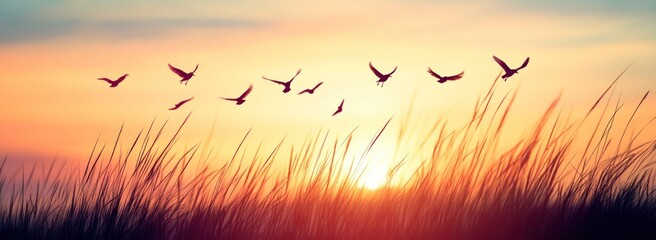 Aufkleber - Birds flying over tall grass at sunset.