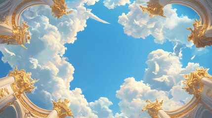 Wall Mural - Baroque style ceiling mural featuring blue sky and heavenly scene, artistic and aesthetic architectural design, high-resolution ai-generated wallpaper and background. Fresco. Illustration