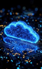Poster - Futuristic Digital Cloud with Glowing Particles on Circuit Board Background, Representing Data Storage, Technology, Connectivity, and Innovation in the Modern World