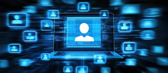 Poster - Futuristic Digital Network Interface Showing User Profile on Laptop Screen with Streaming Data and Connected Digital Icons in Blue and Black Background