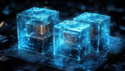 Poster - Futuristic Glass Cubes Emitting Light on Circuit Board Surface in Abstract Technology Conceptual Design for Digital Art and Creative Projects