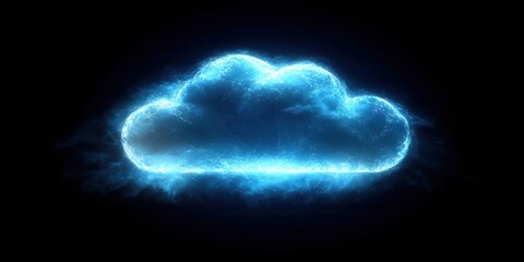 Poster - Futuristic Glowing Cloud with Electric Blue Aura Representing Technology, Data Storage, and Innovation on a Dark Background for Digital and Art Projects