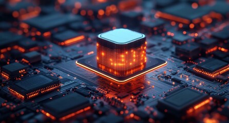 Aufkleber - Futuristic Microchip Surrounded by a Complex Circuit Board with Glowing Orange Highlights and Dark Background, Illustrating Advanced Technology and Innovation in Computing