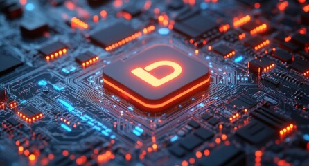 Poster - Futuristic Microchip with Neon Lights Displaying Letter D on Circuit Board, Technology Background Featuring Glowing Components and Complex Patterns